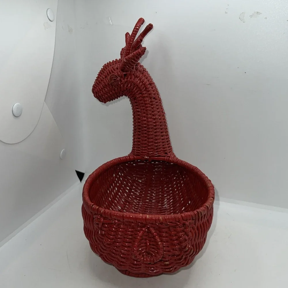 Christmas Holiday Reindeer‎ Red Painted Basket Table Decor Wicker Rattan Gift